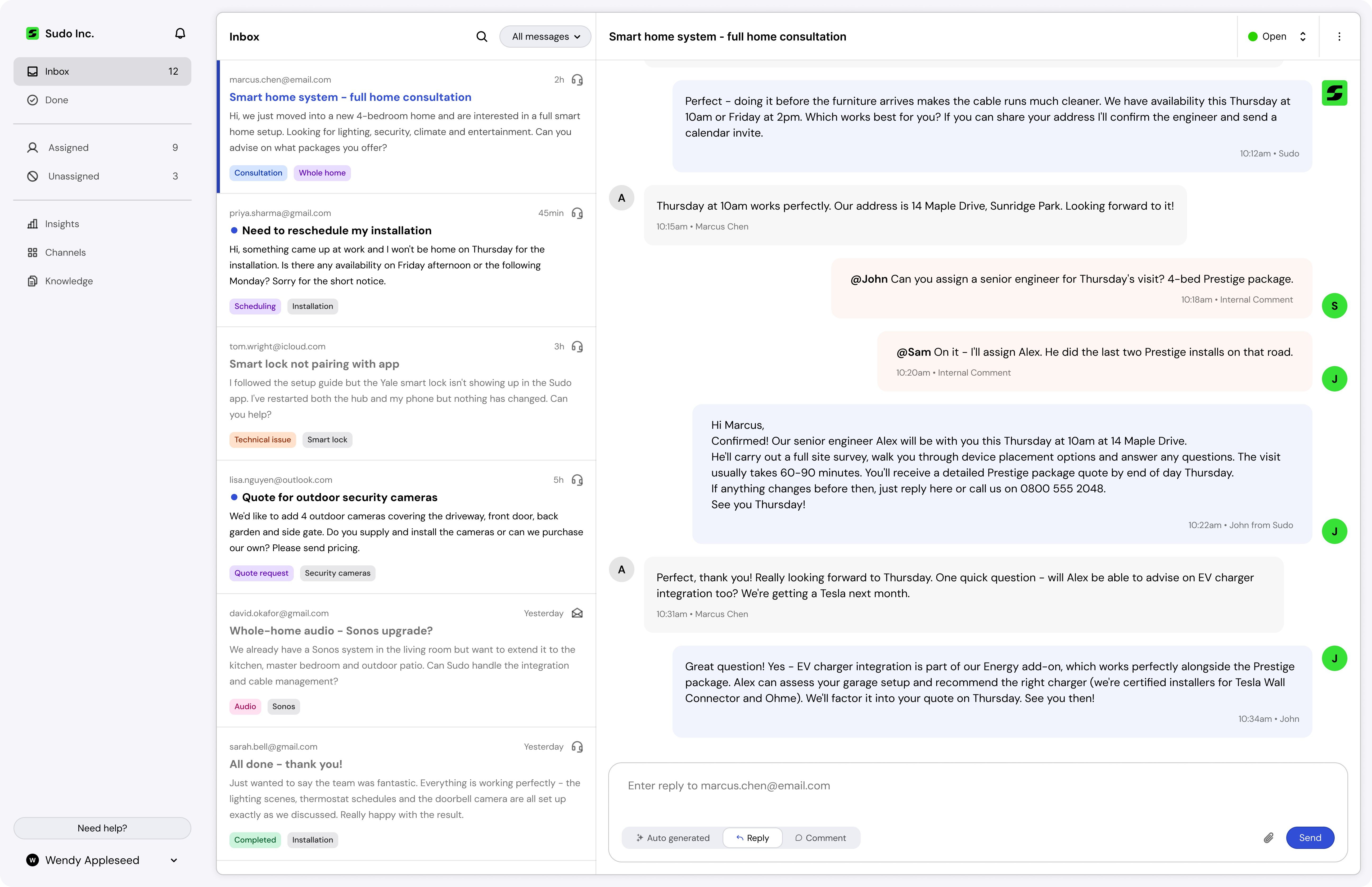The Kindness inbox with a customer thread open