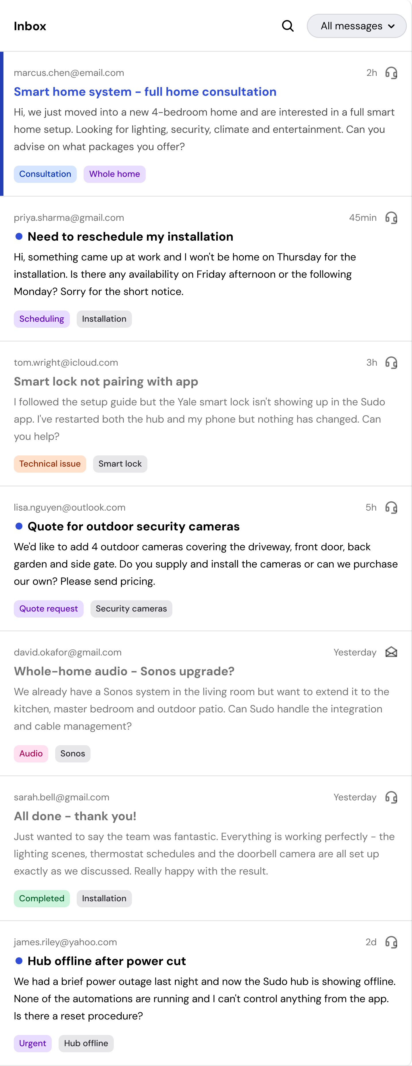 The inbox queue with channel icons, generated titles, and tags