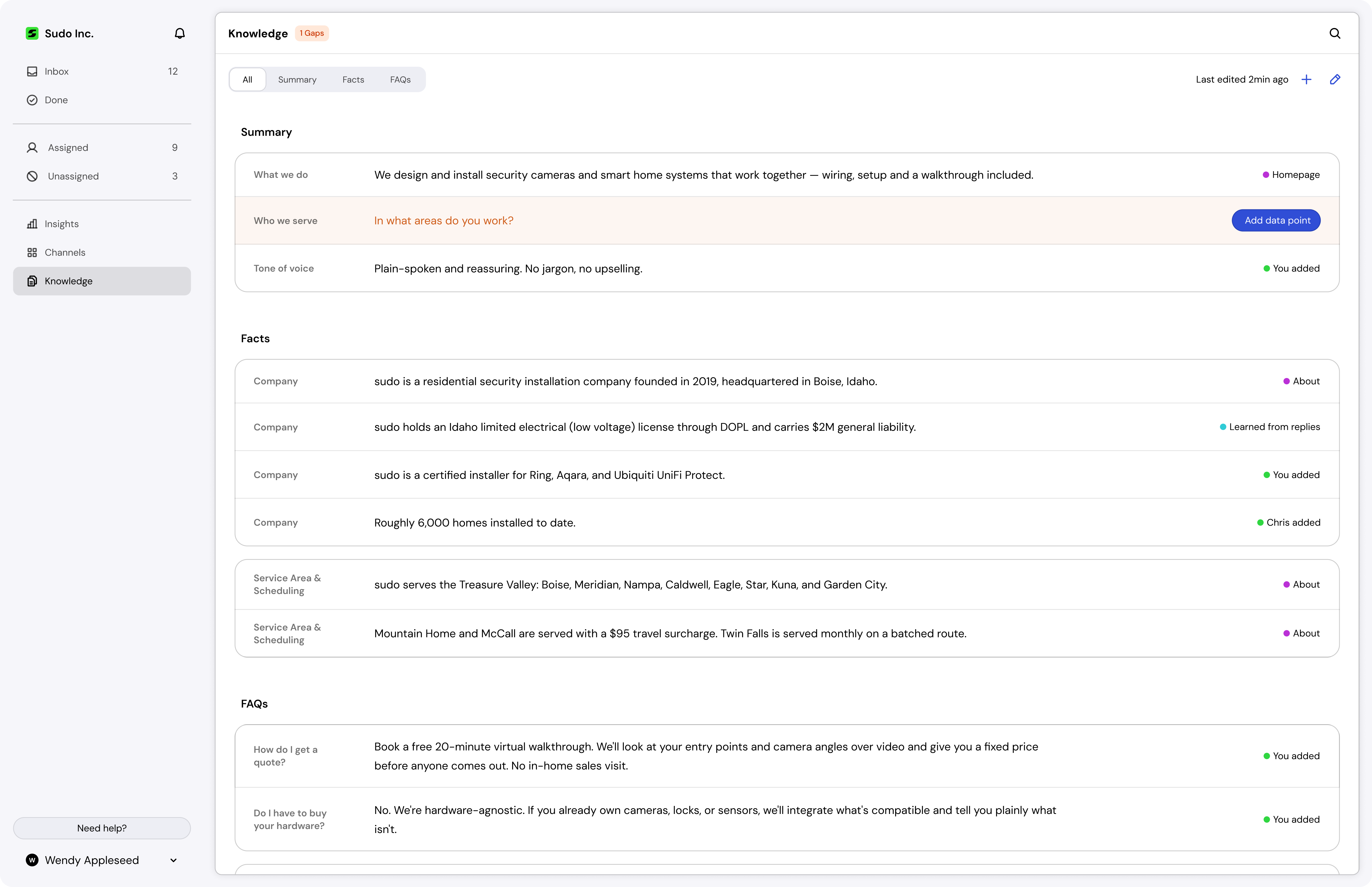 The knowledge page built from the scraped site